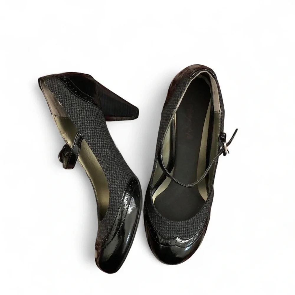 Y2K Black Wingtip Plaid Gothic schoolgirl leather Mary jane heels pumps oxford